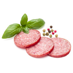 Salami smoked sausage three slices, basil leaves and peppercorns