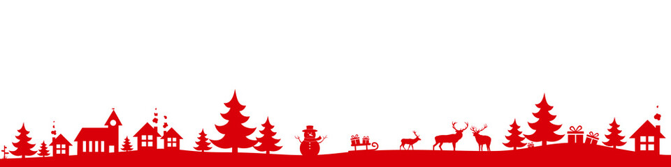 Christmas landscape, red holidays banner, border, background