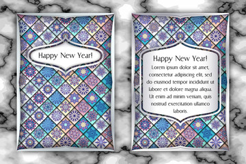 Christmas and New Year vintage greeting card. Tile mosaic snowflake background. Vector illustration