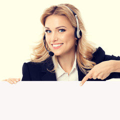 phone operator in headset showing signboard