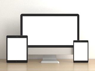 Responsive computer devices on desk isolated blank screen for mockup design advertising. PC display, tablet gadget, minitab or smartphone on table office. Clean white wall background. 3d rendering