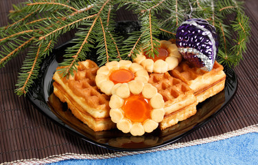 New Year. Cookies and Christmas decorations.