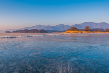Fototapeta na wymiar winter landscape with lake covered with ice.Seoul,Korea.