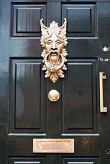 Ornate door knocker on a wooden door