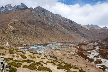 Hiking in Khumbu Valley in Himalayas mountains, Everest Base Camp trek, Nepal.