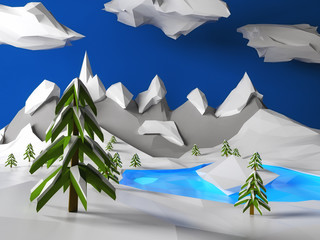 Low poly winter landscape with frozen lake, ice island, snow, trees, fir-trees, clouds and mountains. Cartoon paper style landscape. Nature in a drawing animated image. High resolution 3d illustration