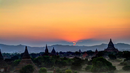 Aerial view to Bagan at sunset, Myanmar