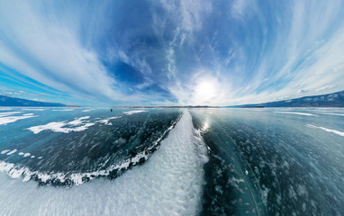 The road from the big white cracks on the ice of Lake Baikal. Th