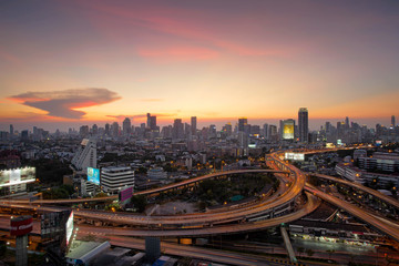 Aerial view of Bangkok city, Night scene with traffic light, Thailand