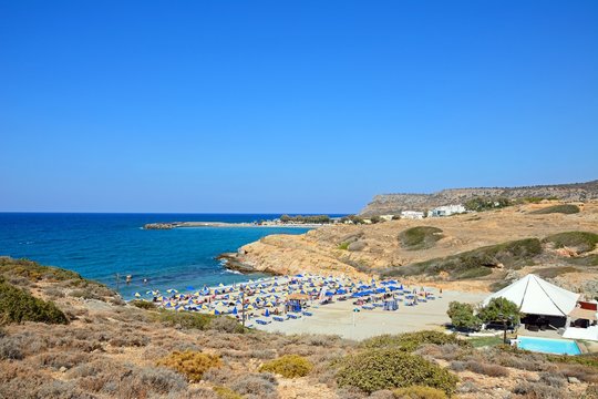 Elevated view of Boufos beach and the coastline, Sissi, Crete.
