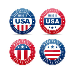 Four glossy badges with United States flag colors with texts MADE IN AMERICA and AMERICAN PRODUCT vector illustration