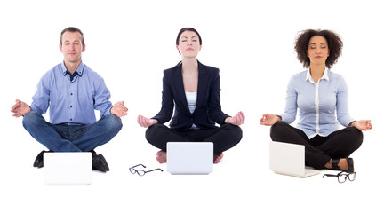 business people sitting in yoga pose with laptops isolated on wh