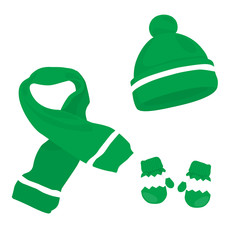 Green knitted scarf, hat and mittens on white. Winter clothes set. Vector illustration.
