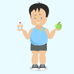 The boy chooses a healthy lifestyle. The fat kid. Vector cartoon