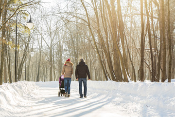 Young family walking with baby stroller in park
