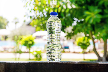 Plastic water bottle standing on a summer,trees and pool on a background.