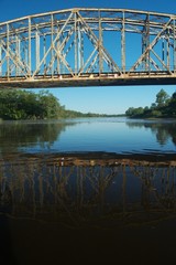 ..Railway bridge over the river. Bug valley. View of the metal structure of the river.