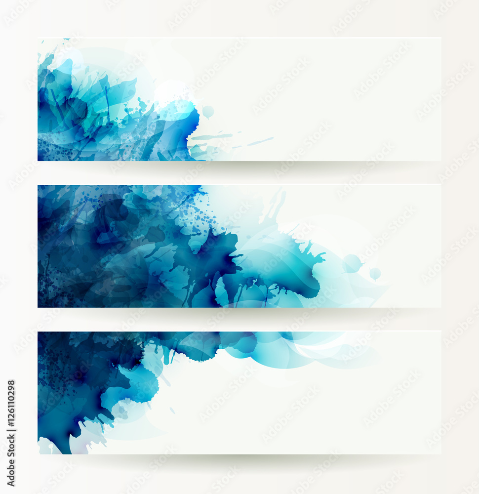 Poster set of three banners, abstract headers with blue deliquescent blots