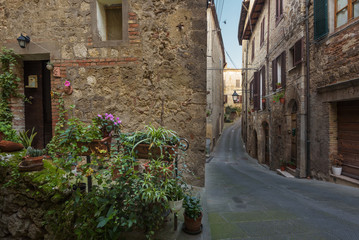 Old alley in a beautiful medieval town, Sarteano in Tuscany, Ita