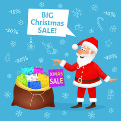 Christmas sale. Flat funny old man character holding Xmas shopping bag on blue background. Discount banner or poster template. Christmas decoration design. Santa Claus cartoon vector illustration.