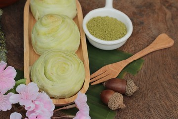Festival moon cake - Chinese cake and green tea powder.
