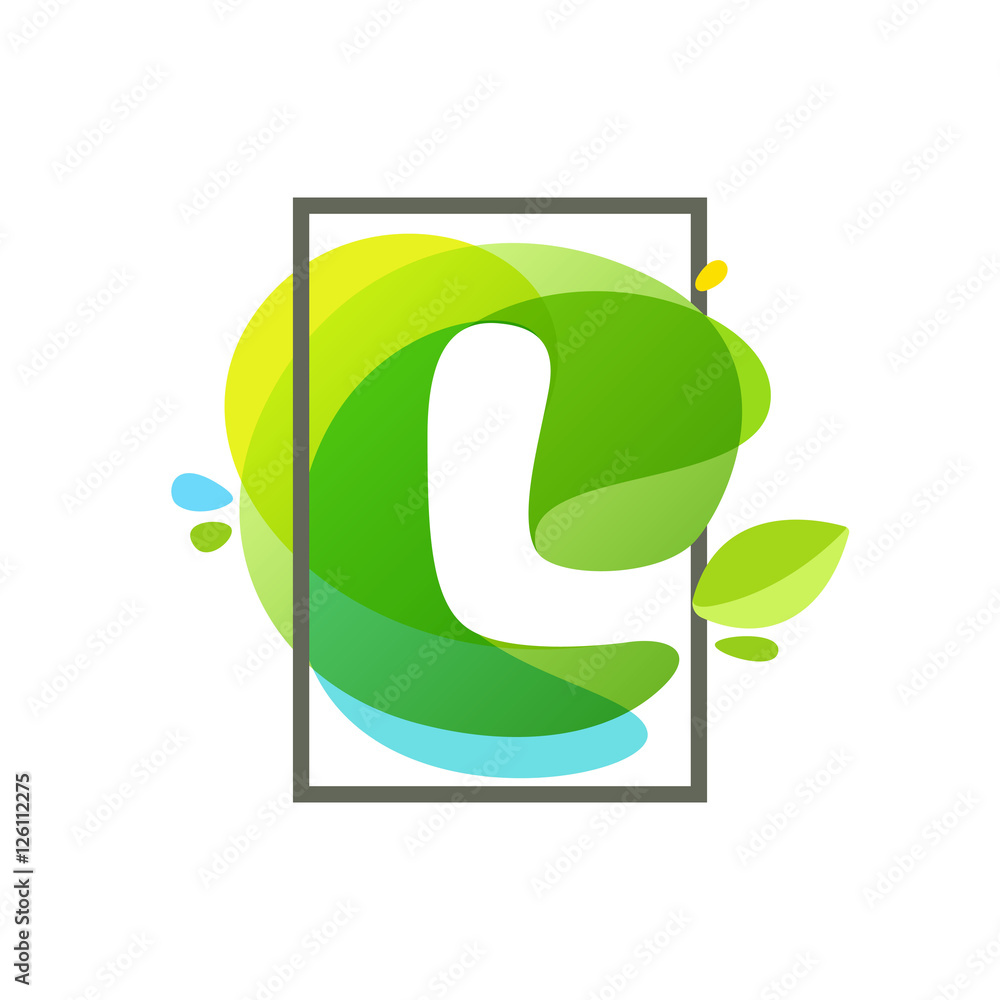 Wall mural l letter logo in square frame at green watercolor splash backgro