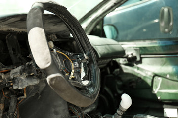 Fototapeta premium Destroyed car, close up