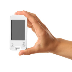 Male hand holding glucometer isolated on white