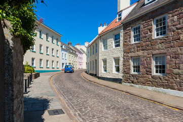 Street in Downtown St Anne, Alderney, Channel Islands, UK.