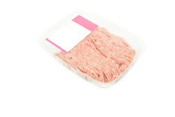 Pork mince on plastic packaging on white background
