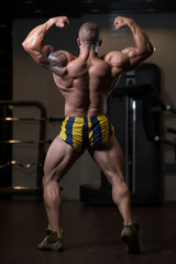 Fototapeta na wymiar Muscled Male Model Posing In The Gym