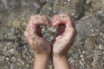 Woman making heart shape on the beach.