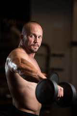 Fototapeta na wymiar Bodybuilder Exercise Shoulders With Dumbbells