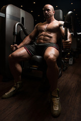 Fototapeta na wymiar Bodybuilder Doing Exercise For Triceps On Machine
