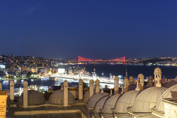 view of the Istanbul historical peninsula and bosphorus, galata bridge and galata tower.