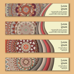 Banner card set with floral colorful decorative mandala elements background.