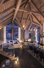 3D rendering of evening living room of chalet