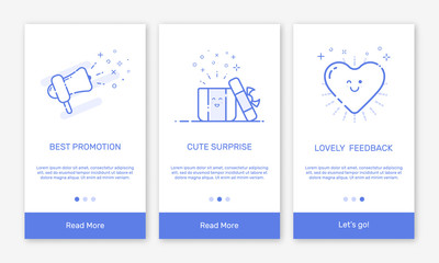Vector Illustration of onboarding app screens and flat line web icons for e-commerce mobile apps . Modern interface UX, UI GUI screen template for mobile smart phone or responsive web site.