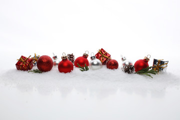 Christmas balls on white background Closeup. Christmas background.