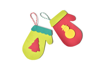 Christmas gloves paper cut on white background - isolated