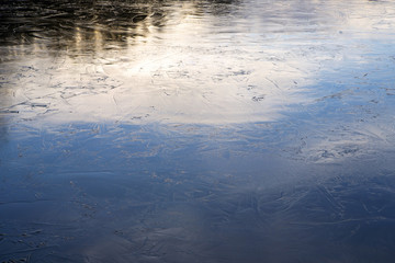 Thin ice on the lake after a cold night.