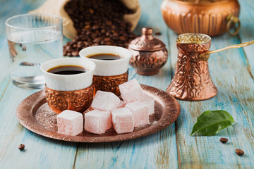 Traditionally brewed Turkish coffee. Specified in the original c - obrazy, fototapety, plakaty