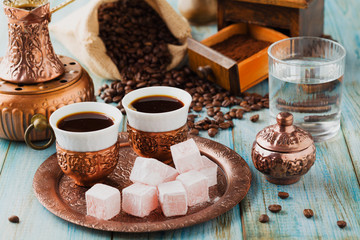 Traditionally brewed Turkish coffee. Specified in the original c