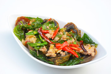 Fried basil with pork and preserved egg
