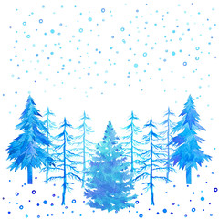 Winter time light blue trees,Christmas trees and snowfall watercolor hand painted isolated on white background. Winter background design.