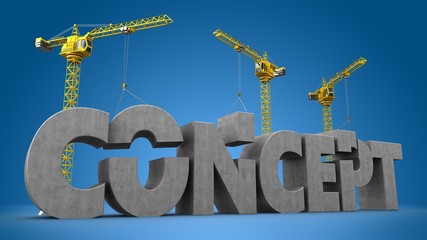 3d illustration of cranes building concept word over blue background