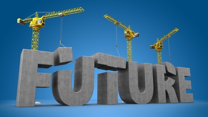 3d illustration of cranes building future word over blue background
