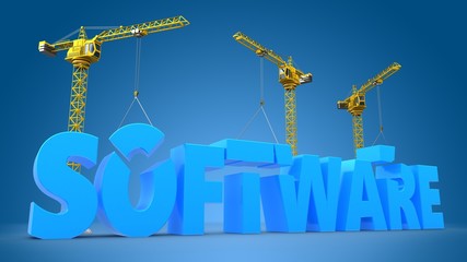 3d illustration of cranes building software word over blue background