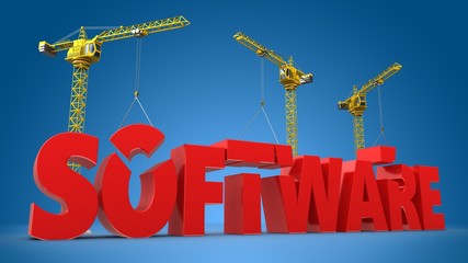 3d illustration of cranes building software word over blue background
