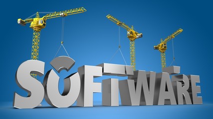 3d illustration of cranes building software word over blue background